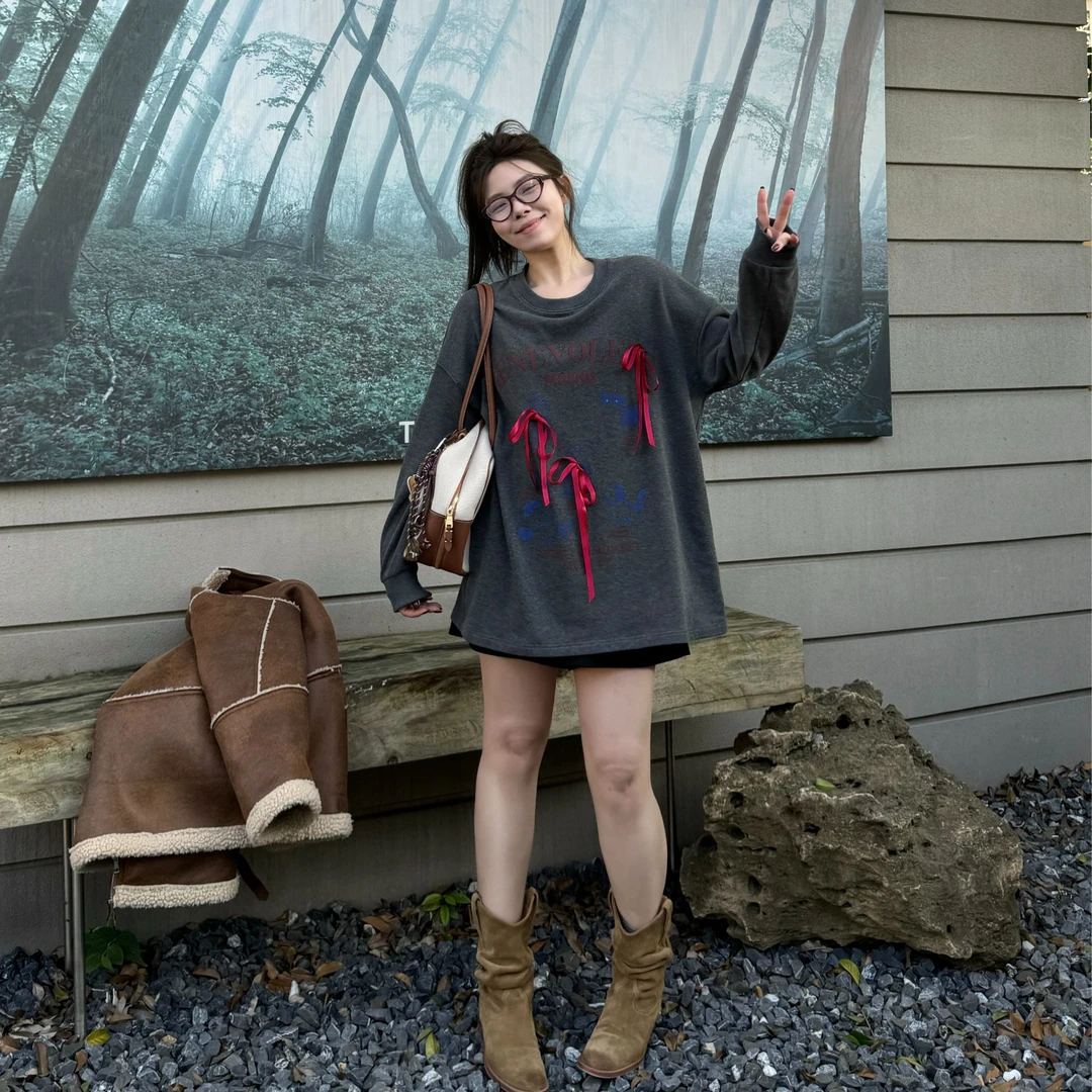 晶咕【爱丽丝甜梦】慵懒风韩版圆领百搭蝴蝶结印花长袖上衣