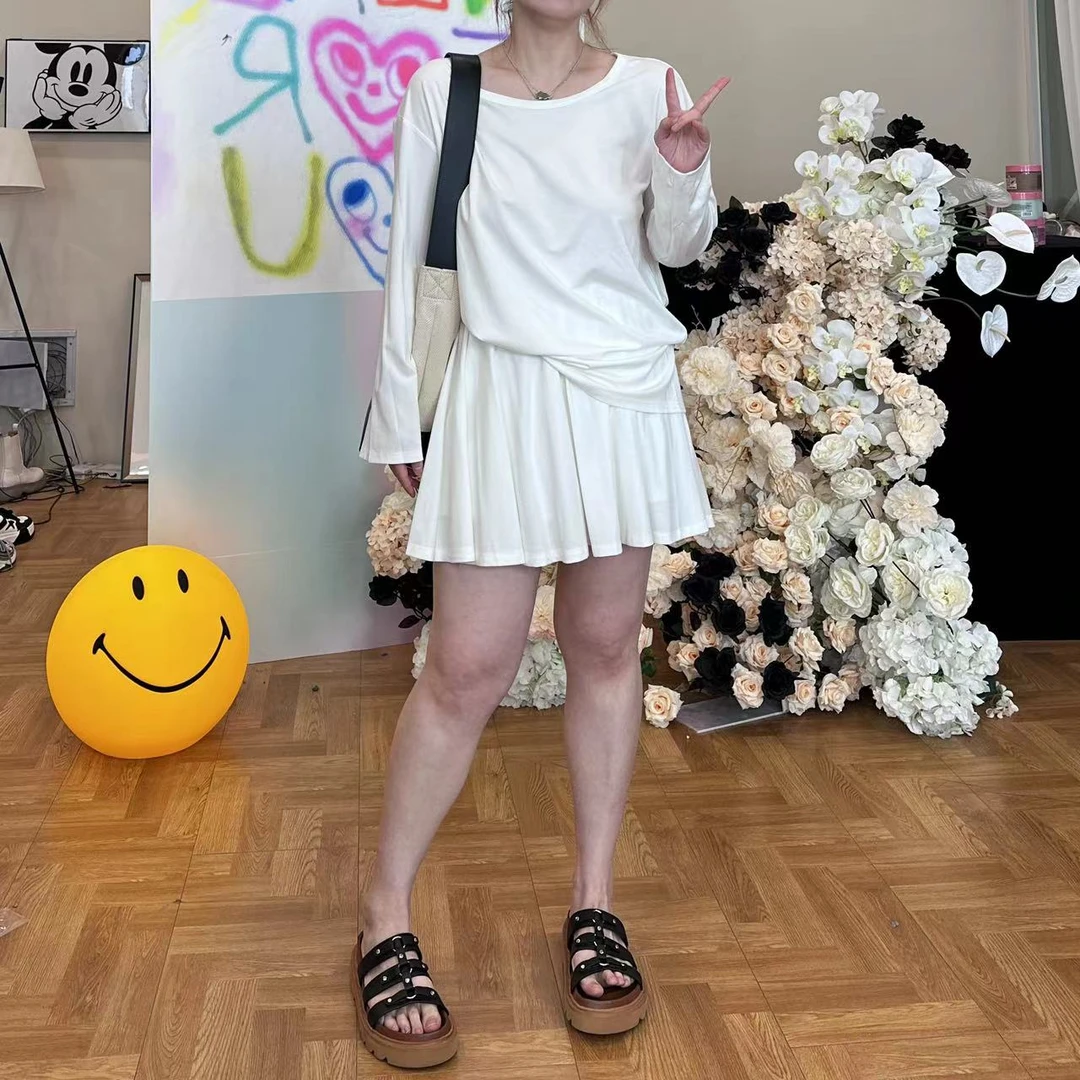 晶咕「冰块套装」简约休闲长袖T恤+抽绳半身裙两件套套装白色