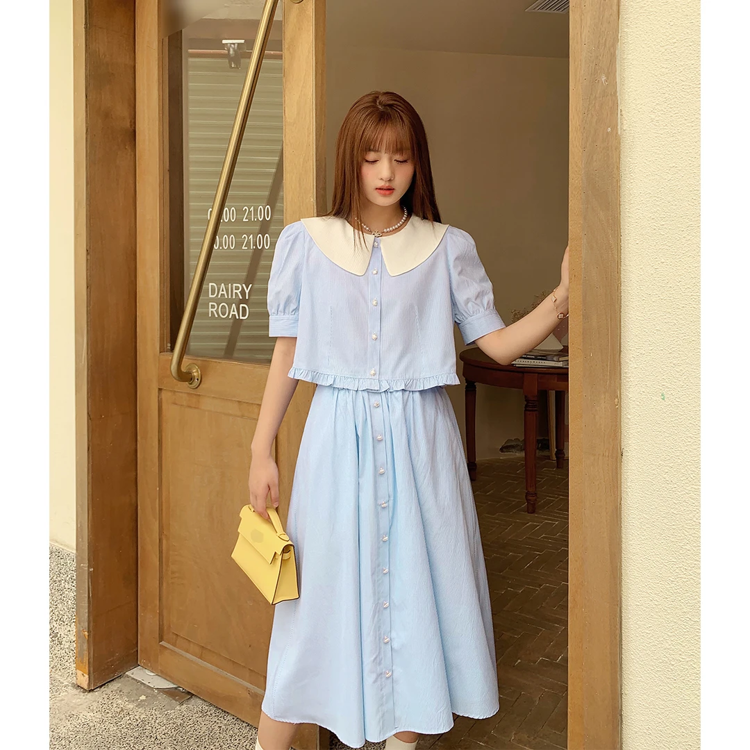 晶咕白标~娃娃领显瘦衬衫中长款半身裙套装女夏季大码宽松两件套