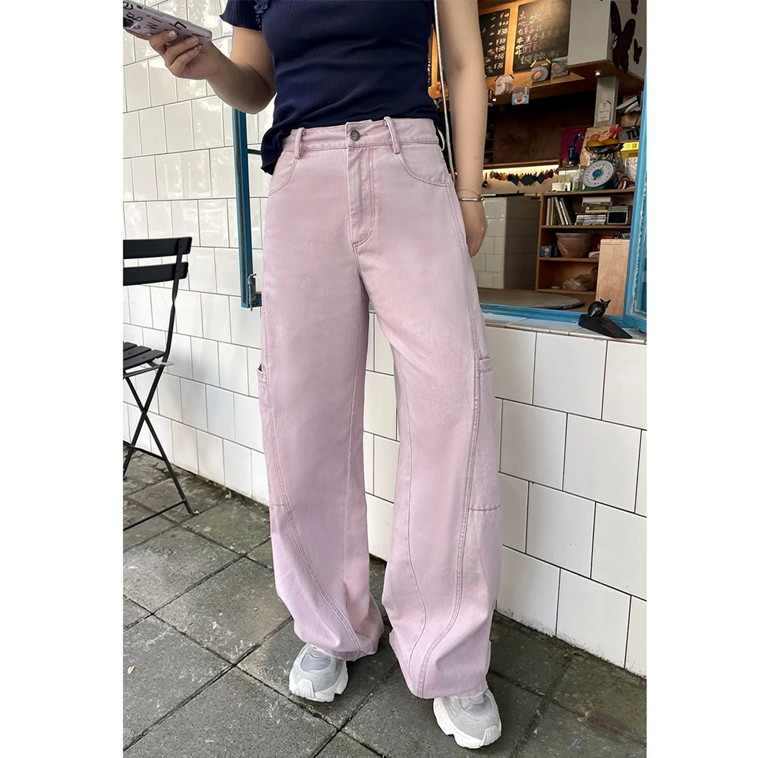晶咕白标~侧插口袋水工装阔腿牛仔裤女夏季大码宽松显瘦裤子高腰