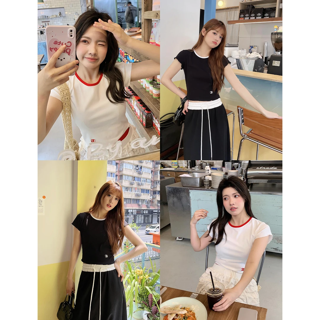 晶咕白标~少女心思~侧下小刺绣撞色圆领正肩短袖T恤显瘦百搭时尚