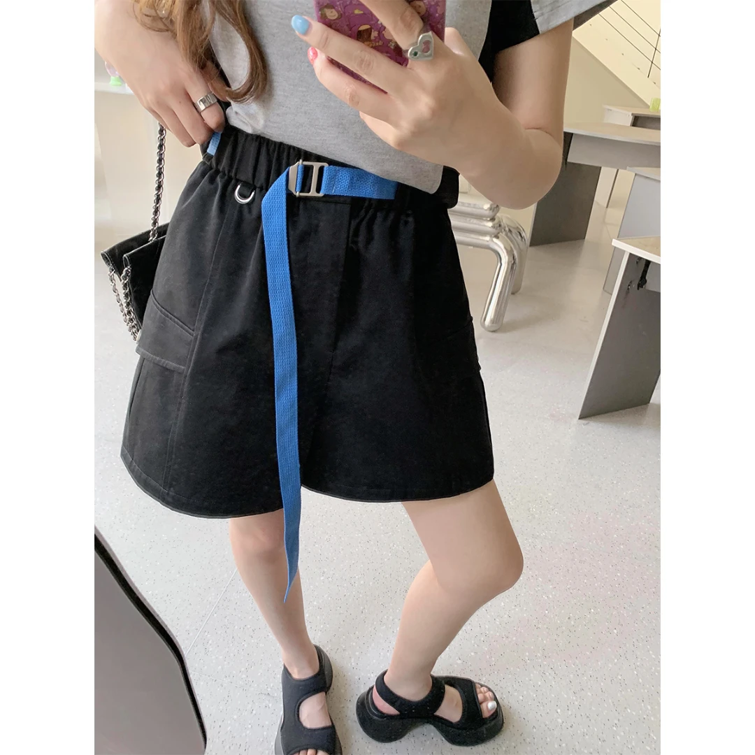 晶咕白标~小酷一下~带腰带松紧腰工装短裤时尚显瘦宽松工装裤潮