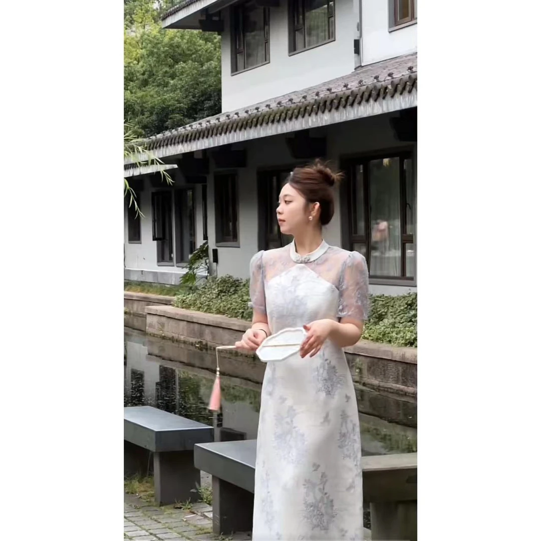 晶咕【月下铃兰】国风重工蕾丝拼接立体提花旗袍裙女装连衣裙