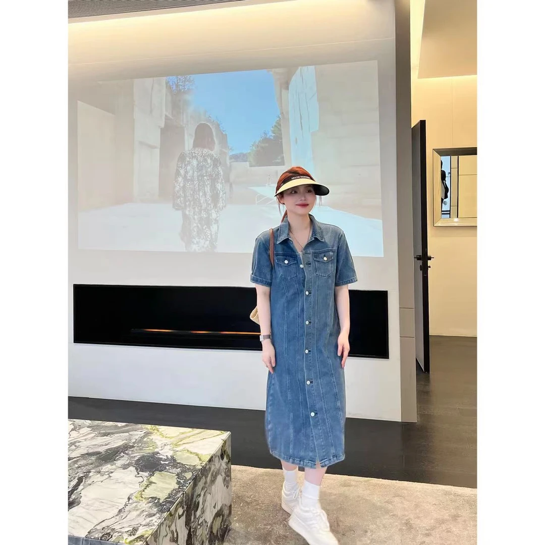 宠粉「克兰旧街」复古直筒短袖Polo领蓝色牛仔连衣裙时尚显瘦