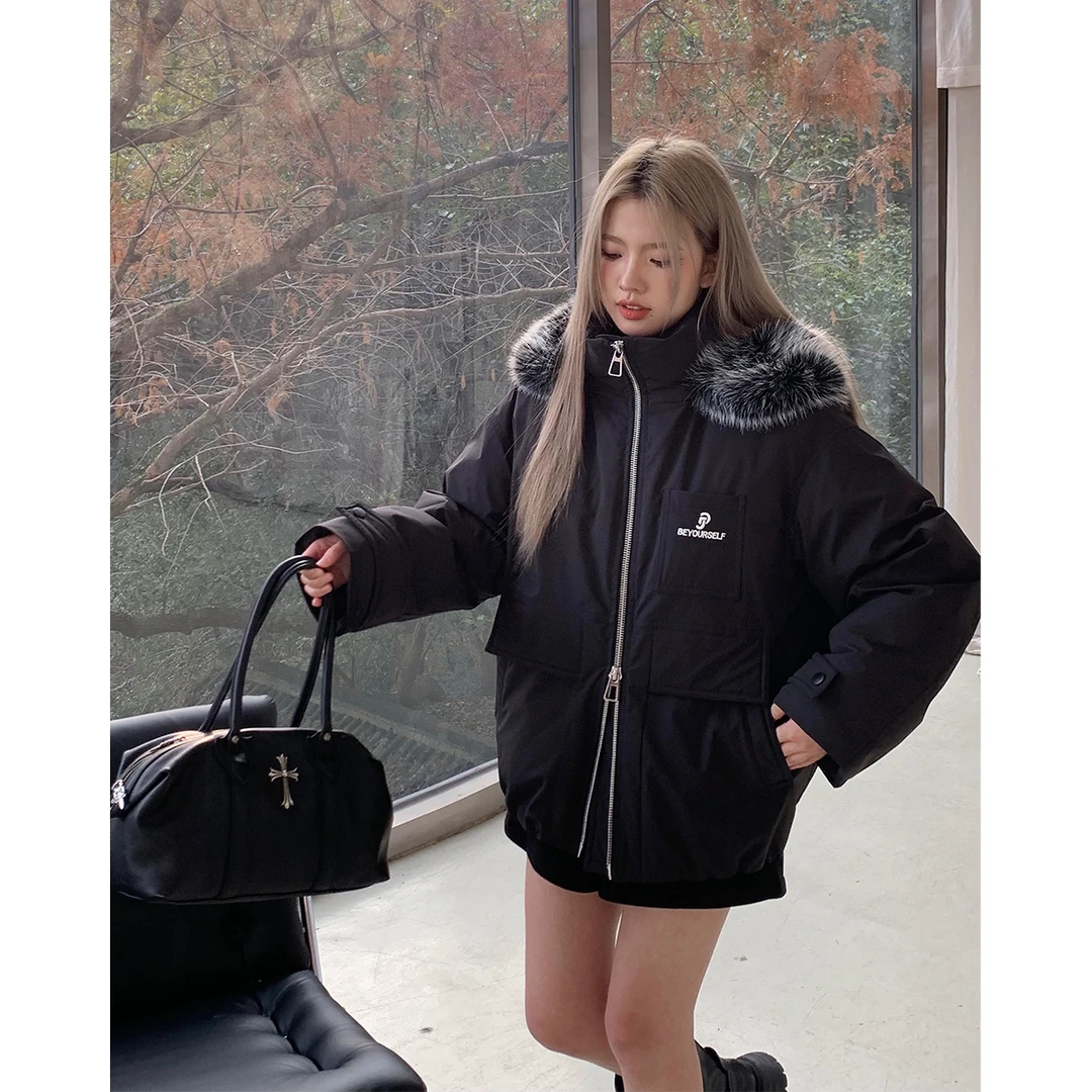 晶咕白标~90白鸭绒仿狐狸毛连帽羽绒服外套女冬大码宽松保暖外套