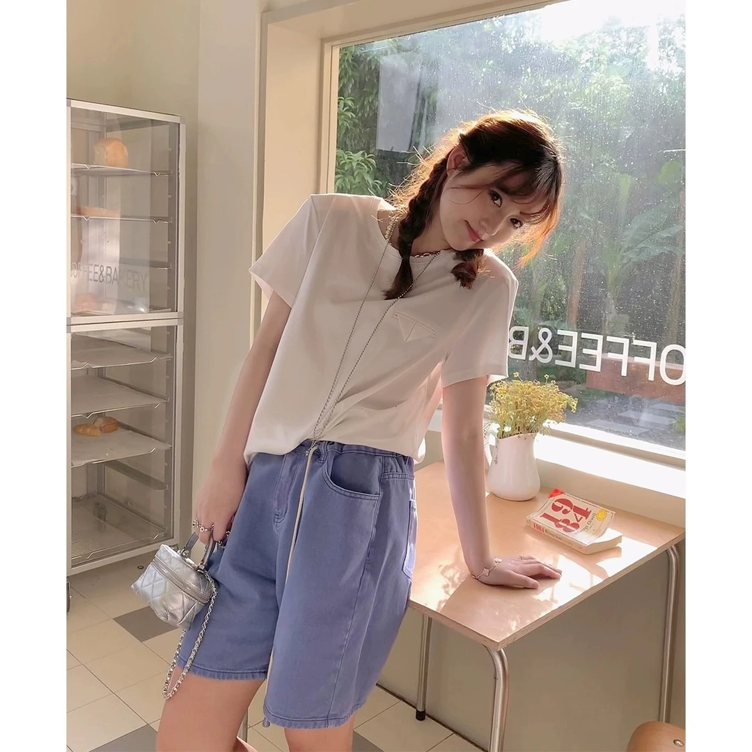晶咕白标~折纸游戏～口袋三角标短袖T恤休闲百搭夏季显瘦纯色体恤