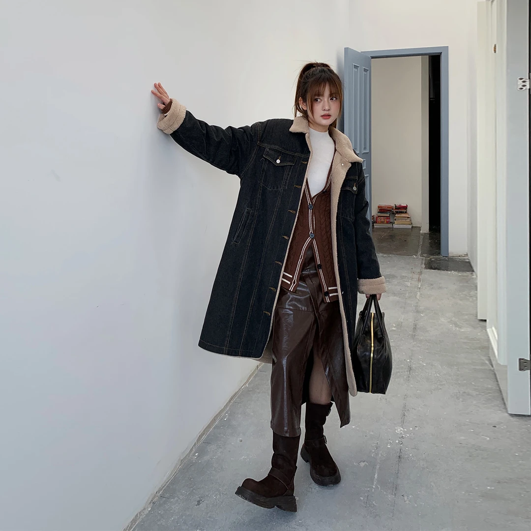 晶咕白标~街拍LOOK~内里羊羔毛牛仔毛呢外套女秋冬宽松气质时尚