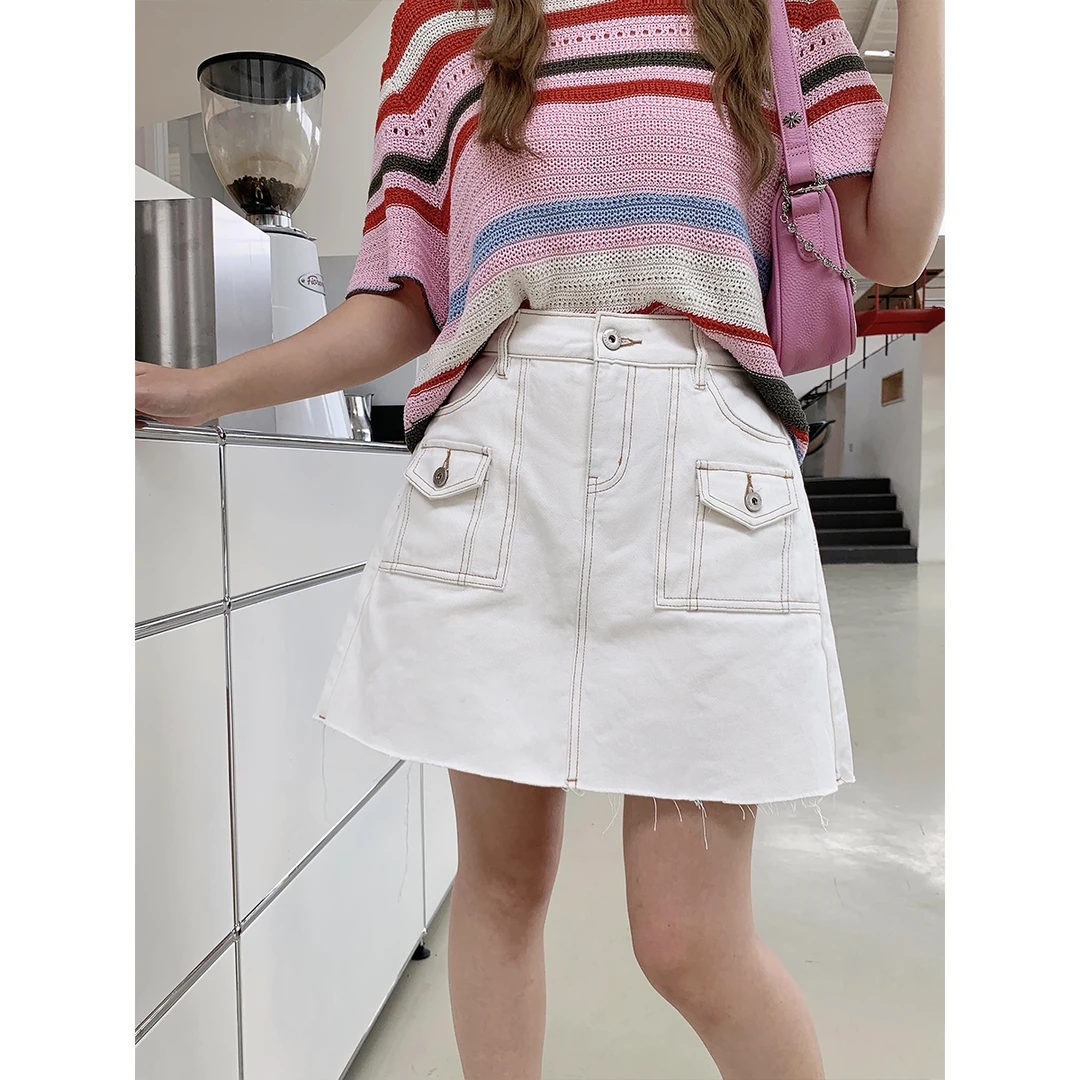 晶咕白标~短款明线踩线拼接牛仔半身裙女夏季大码A字遮胯裙子显瘦
