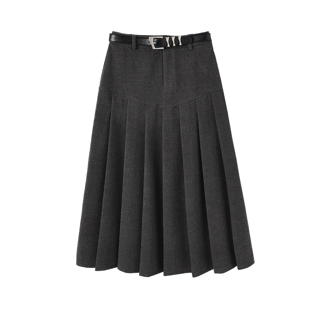 晶咕白标专供~秋冬复古分割线时尚A字版百褶毛呢显瘦半身裙