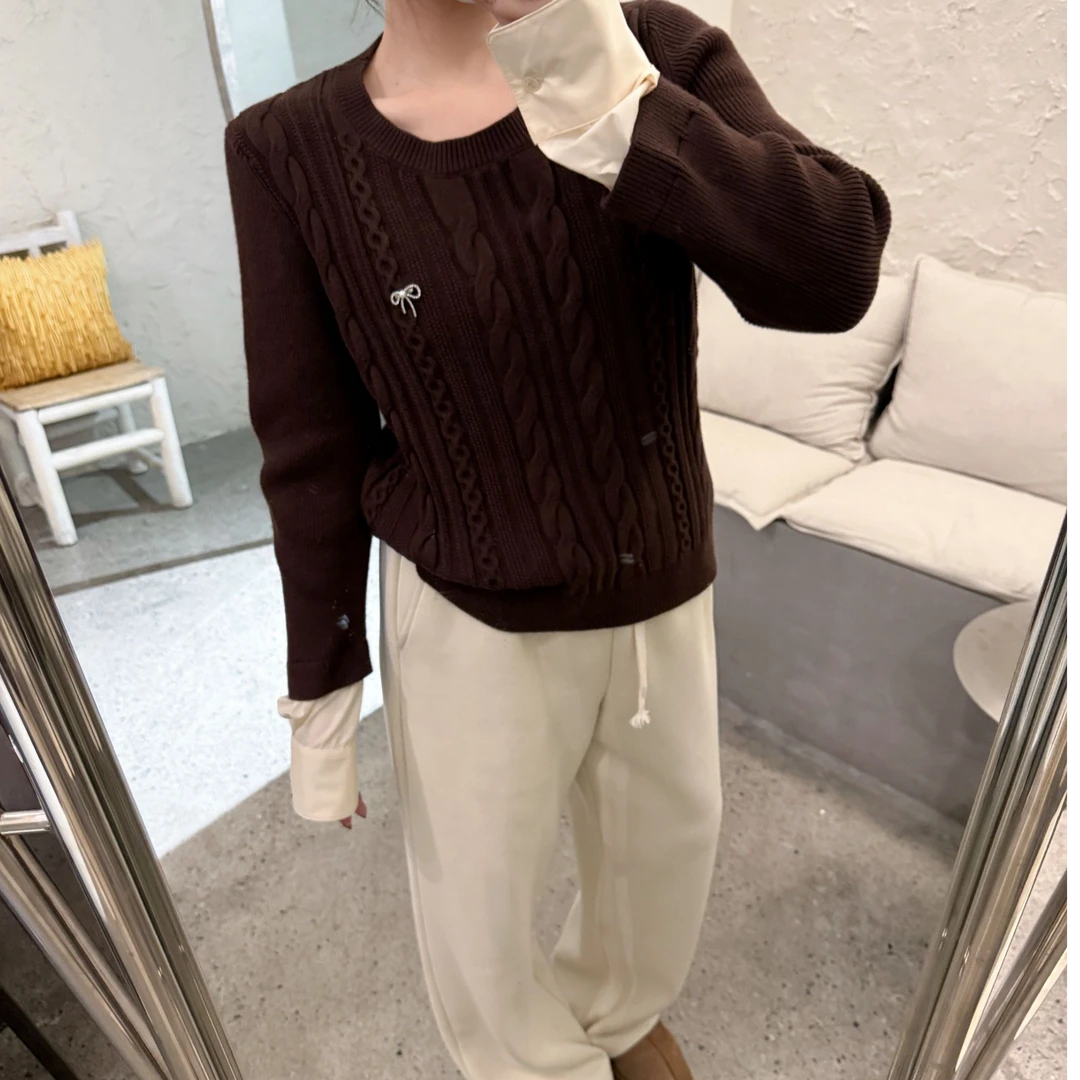 晶咕【复古哈林顿】韩版休闲圆领百搭高级感衬衫拼接针织毛衣