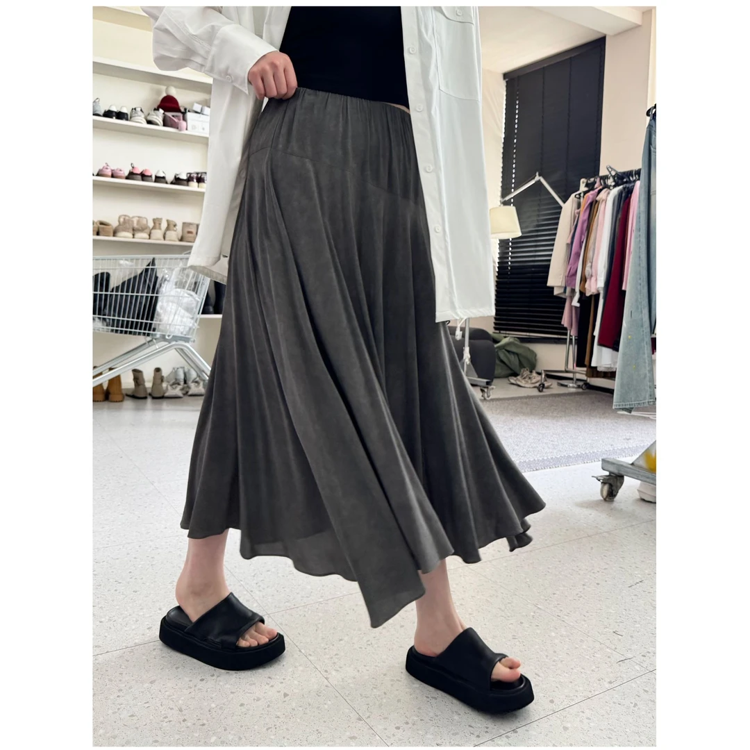 晶咕【万人迷】韩版高腰斜边不规则设计大裙摆褶皱垂感半身裙