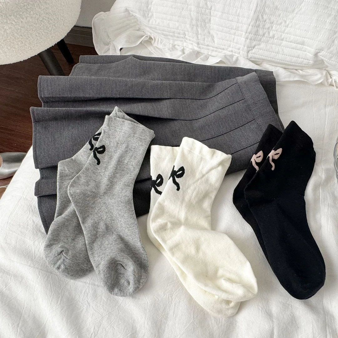 纯色蝴蝶结中筒温柔韩国ins堆堆袜日系可爱芭蕾风简约袜少女甜美