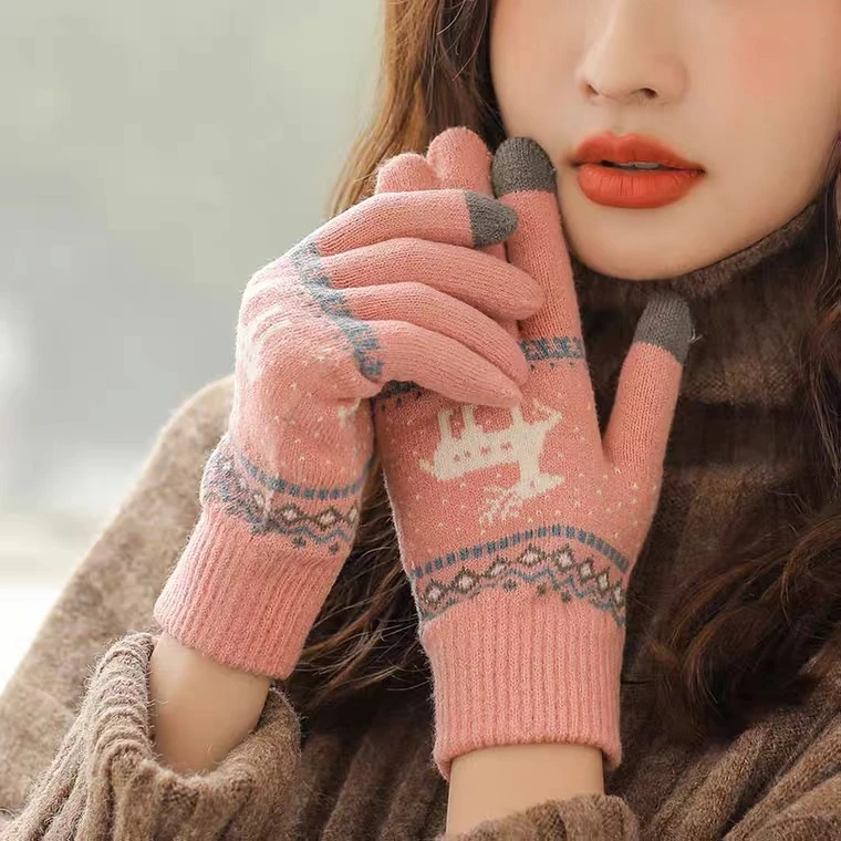 女士手套秋冬季触屏毛线加绒加厚保暖可爱韩版学生骑开车加绒防寒