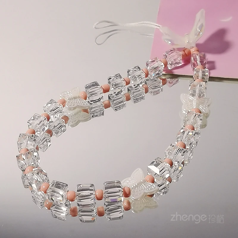 小蝴蝶菱形珠手机链女编织绳手工串珠挂链手提手腕挂饰手机壳挂绳