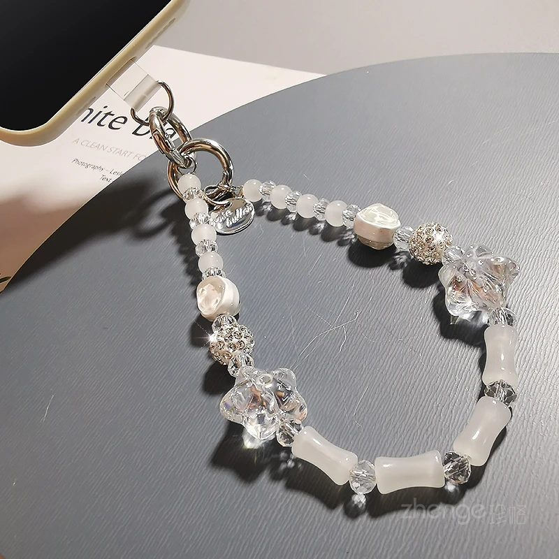 竹节水晶串珠手机链女手提手腕挂饰挂链手机挂绳夹片式手机壳通用