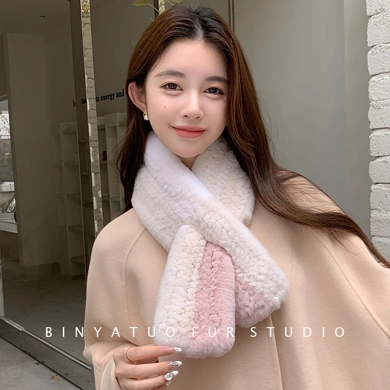 软糯獭兔毛编织加厚保暖围巾温柔粉色真毛围脖气质显白皮草围巾