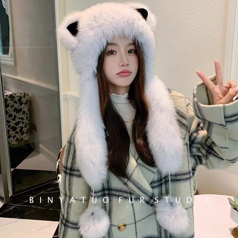 狐狸毛帽子秋冬真毛皮草围巾帽子一体可爱猫耳秋冬保暖旅行拍照女