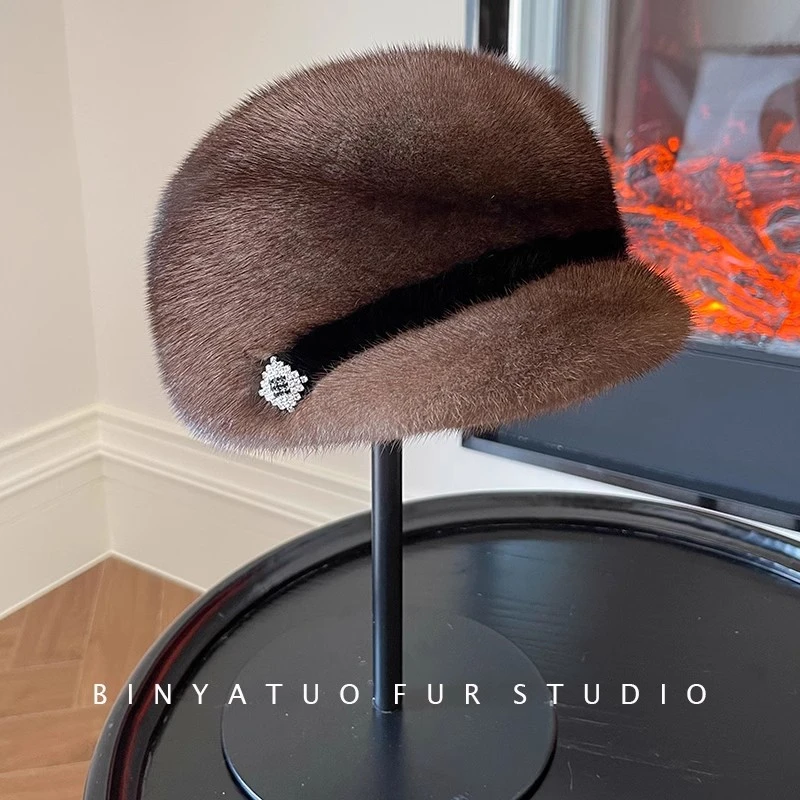 高级整貂皮帽子 水貂皮毛鸭舌女帽水钻鸭舌帽子女真毛礼帽冬