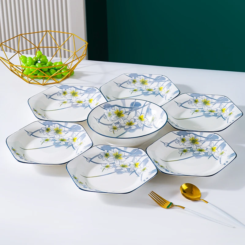 水仙花6+1 家用碗盘陶瓷套装