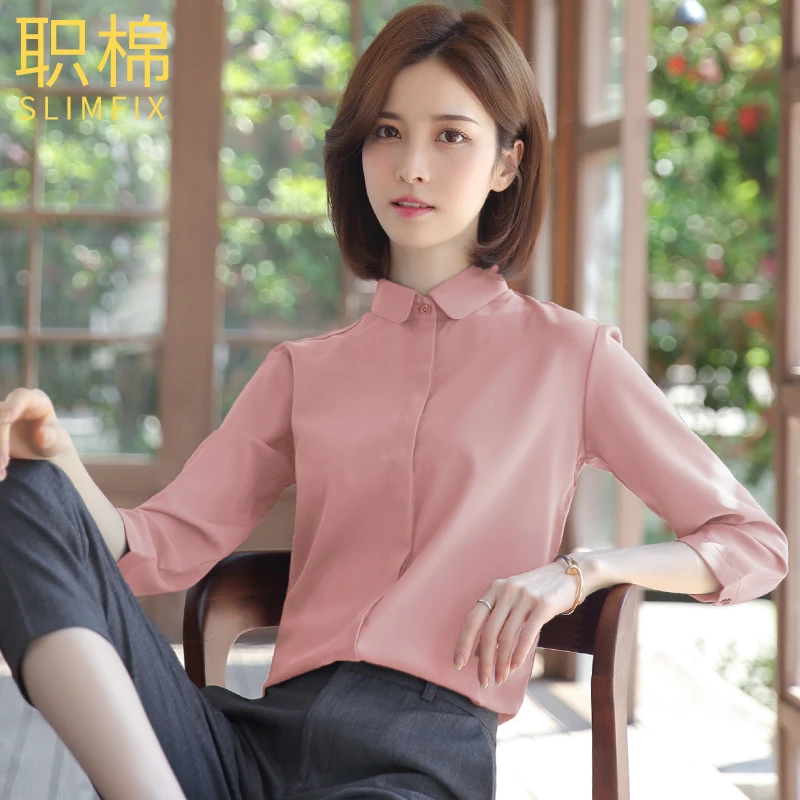 职棉现货果粉色白色雪纺短袖衬衫女2023新款娃娃领上衣职业衬衣
