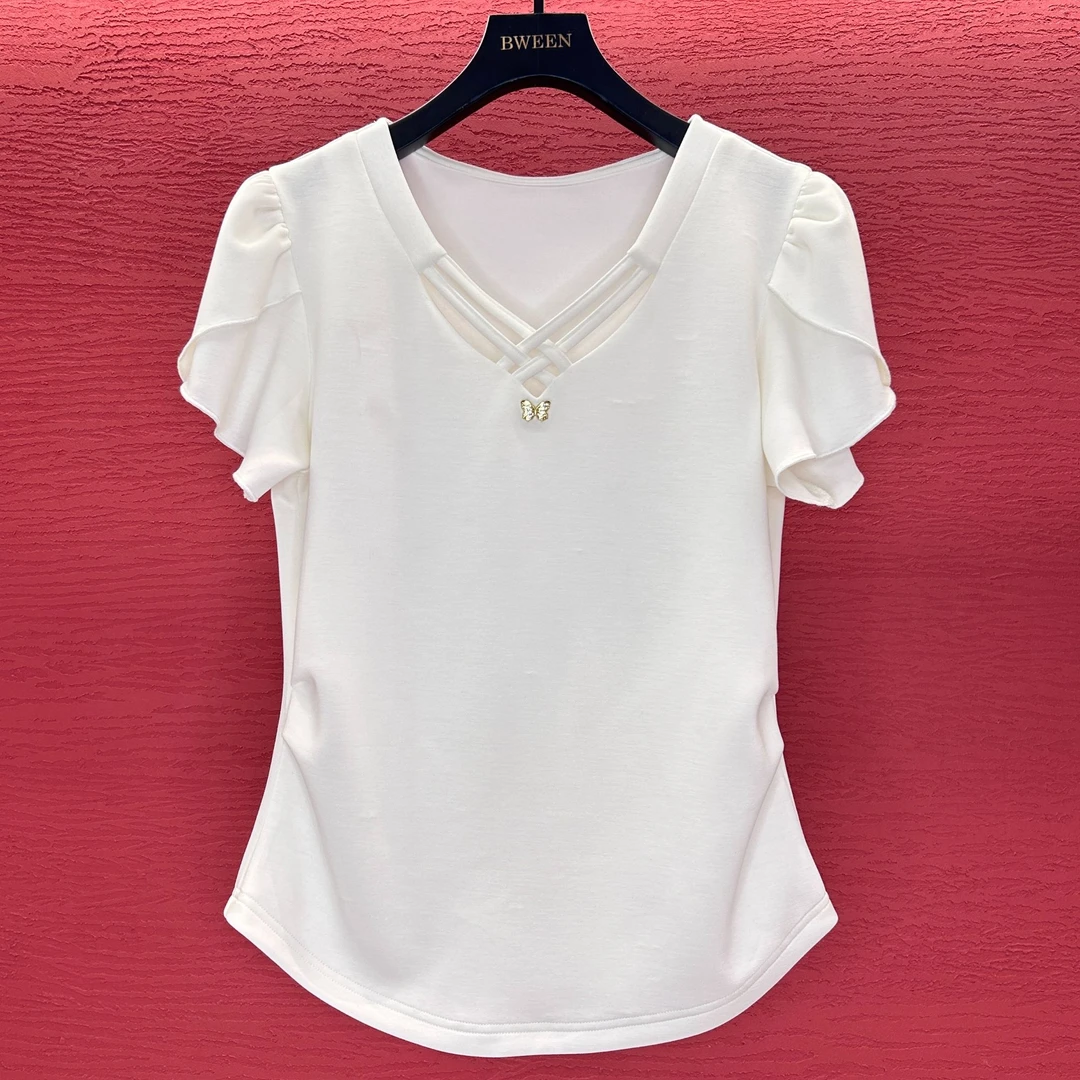 2025春夏高定轻奢款时尚修身显瘦T恤针织休闲短袖圆领女T恤