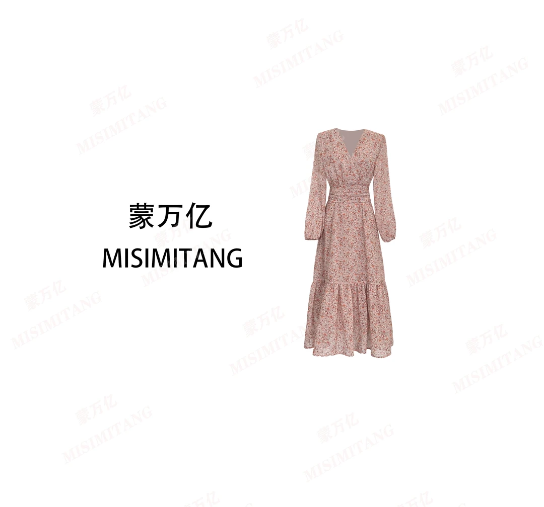 【桃里桃气长款】春款法式粉色V领碎花女装连衣裙时尚显瘦轻奢气质