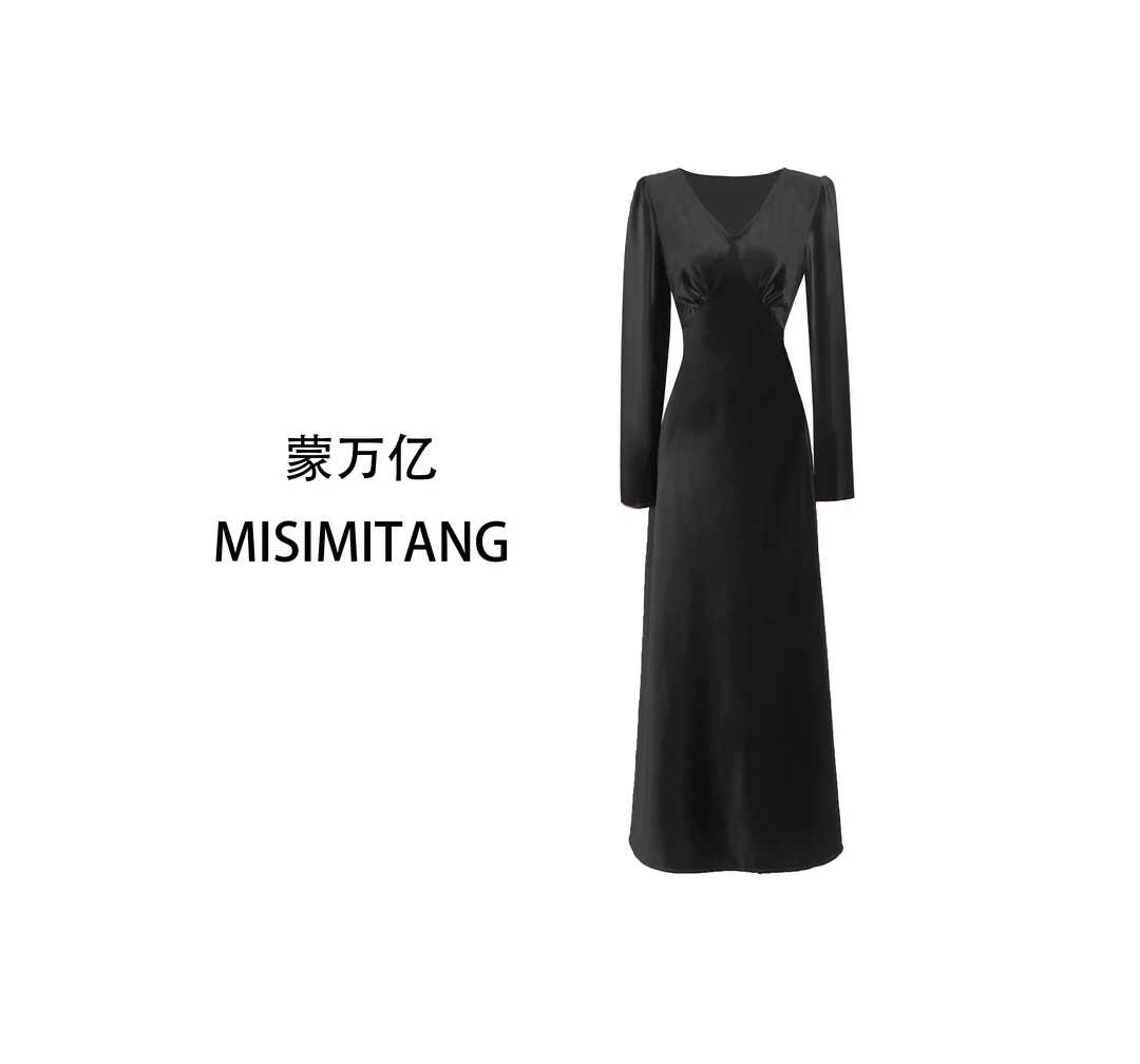 【赫拉女神】秋冬时尚长袖修身丝绒黑色女装连衣裙复古法式秋冬轻奢