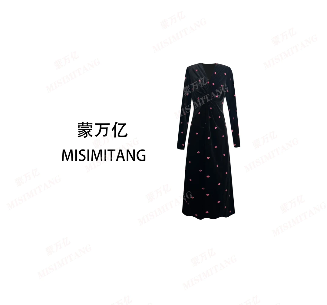 【绮梦花间】秋冬时尚长袖修身丝绒黑色绣花红色女装连衣裙显瘦大码