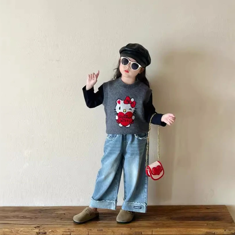 2024韩版秋季新款男女童卡通毛线马甲印花打底衫牛仔裤子三件套装