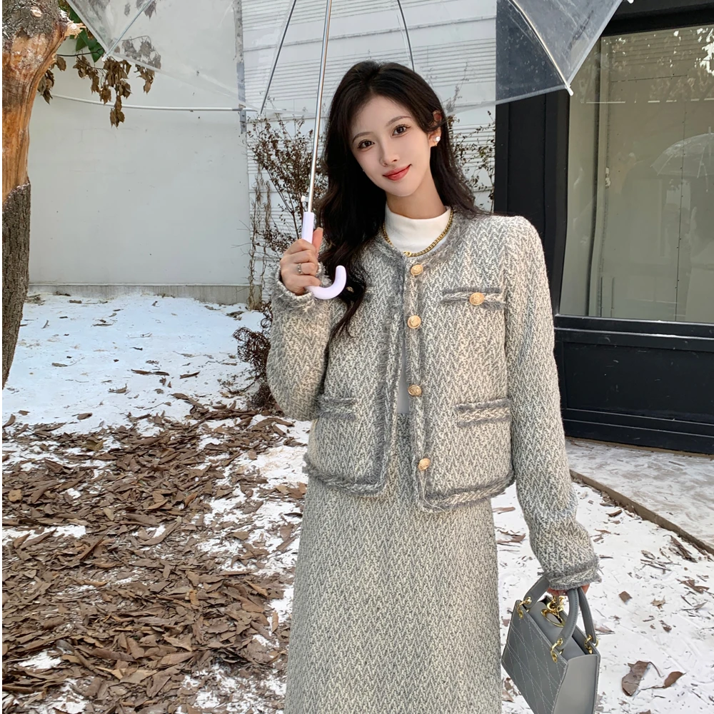 【小个子泡芙】大码女装冬季新款加厚夹棉小香风外套高腰显瘦半身裙