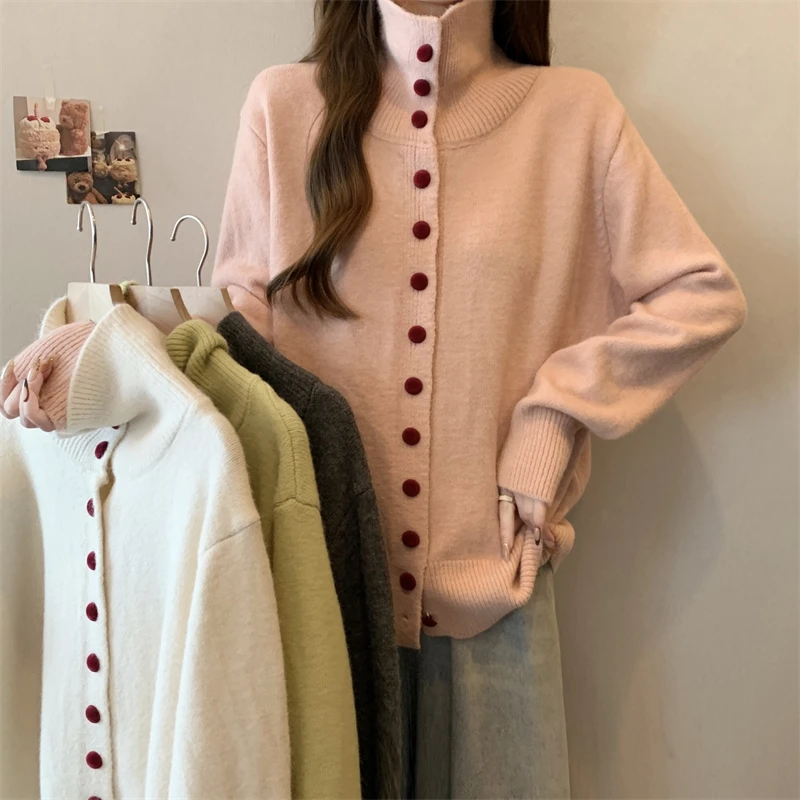 大码女装2024秋冬新款显瘦单排扣半高领加厚长袖毛衣