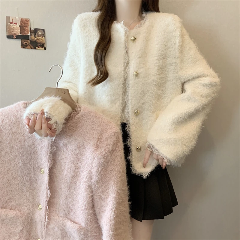 大码秋冬独特甜美蕾丝花边短款时尚洋气百搭宽松外套6981