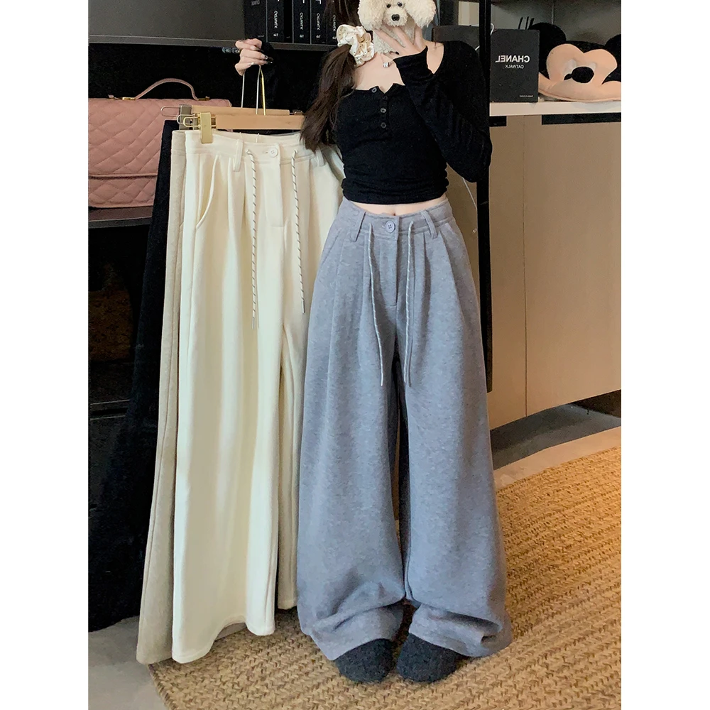 2024休闲加绒抽绳显瘦直筒宽松阔腿裤子女8501