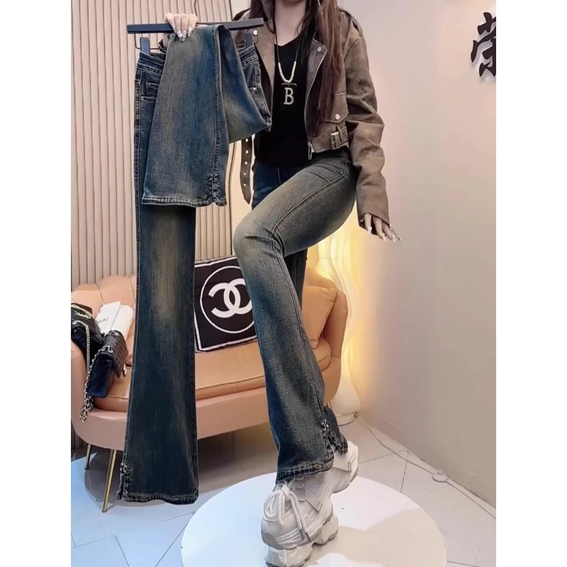 2025春季新款弹力复古修身马蹄裤大码时尚女装开叉显瘦微喇牛仔裤