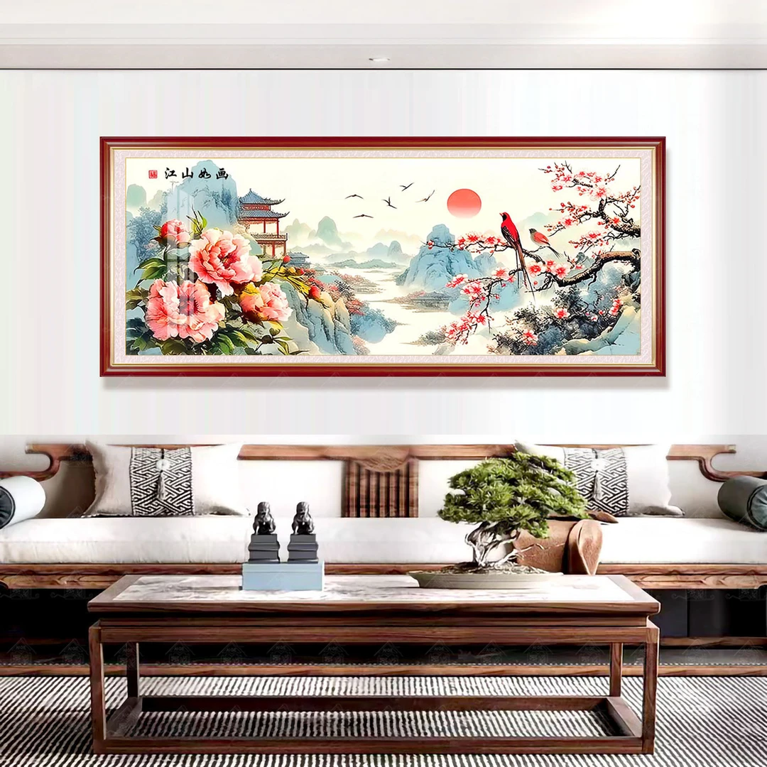 【进口棉布】爱阁十字绣江山如画新款客厅中式风景山水装饰手工绣