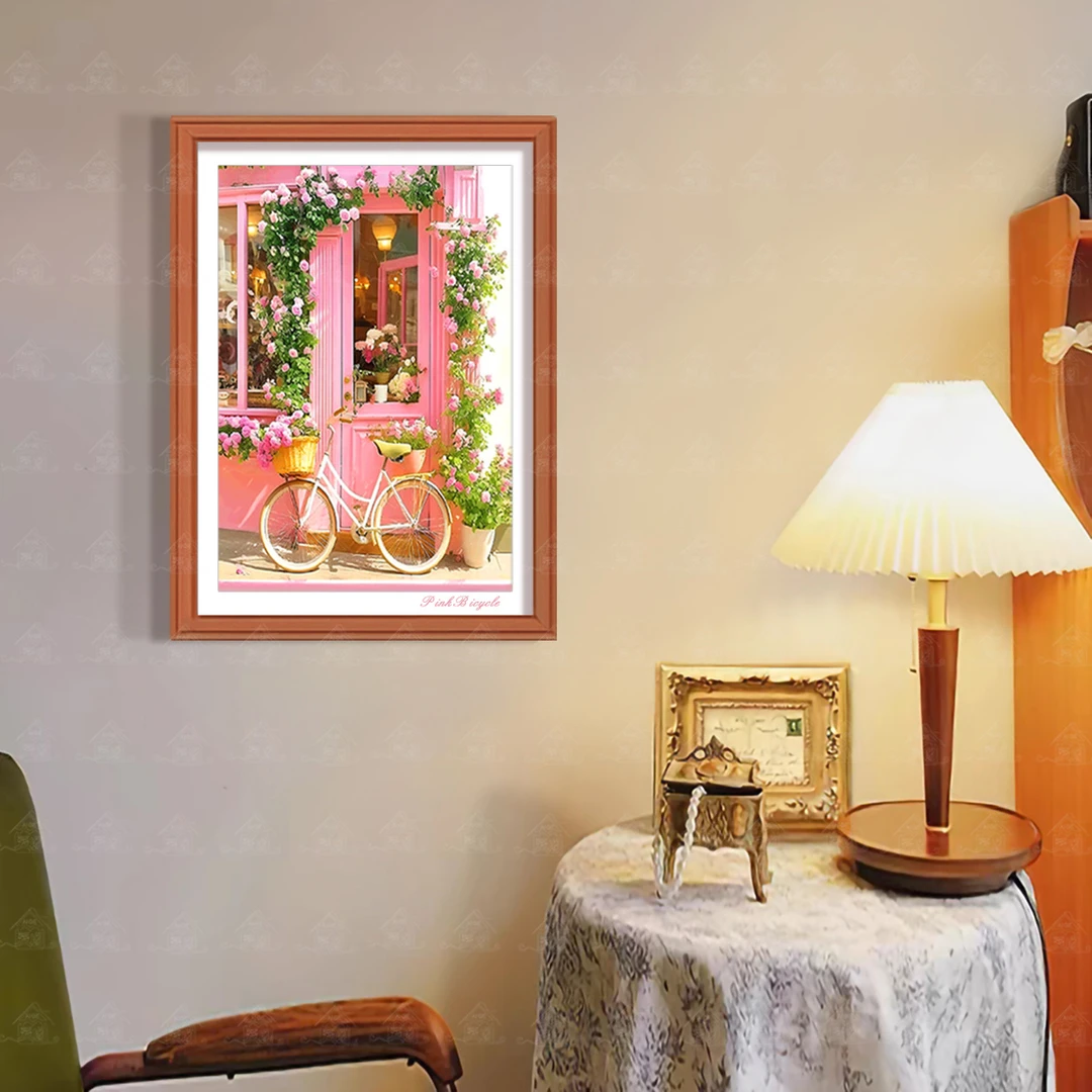 爱阁十字绣粉色花自行车2025新款简约唯美客厅玄关装饰手工线绣