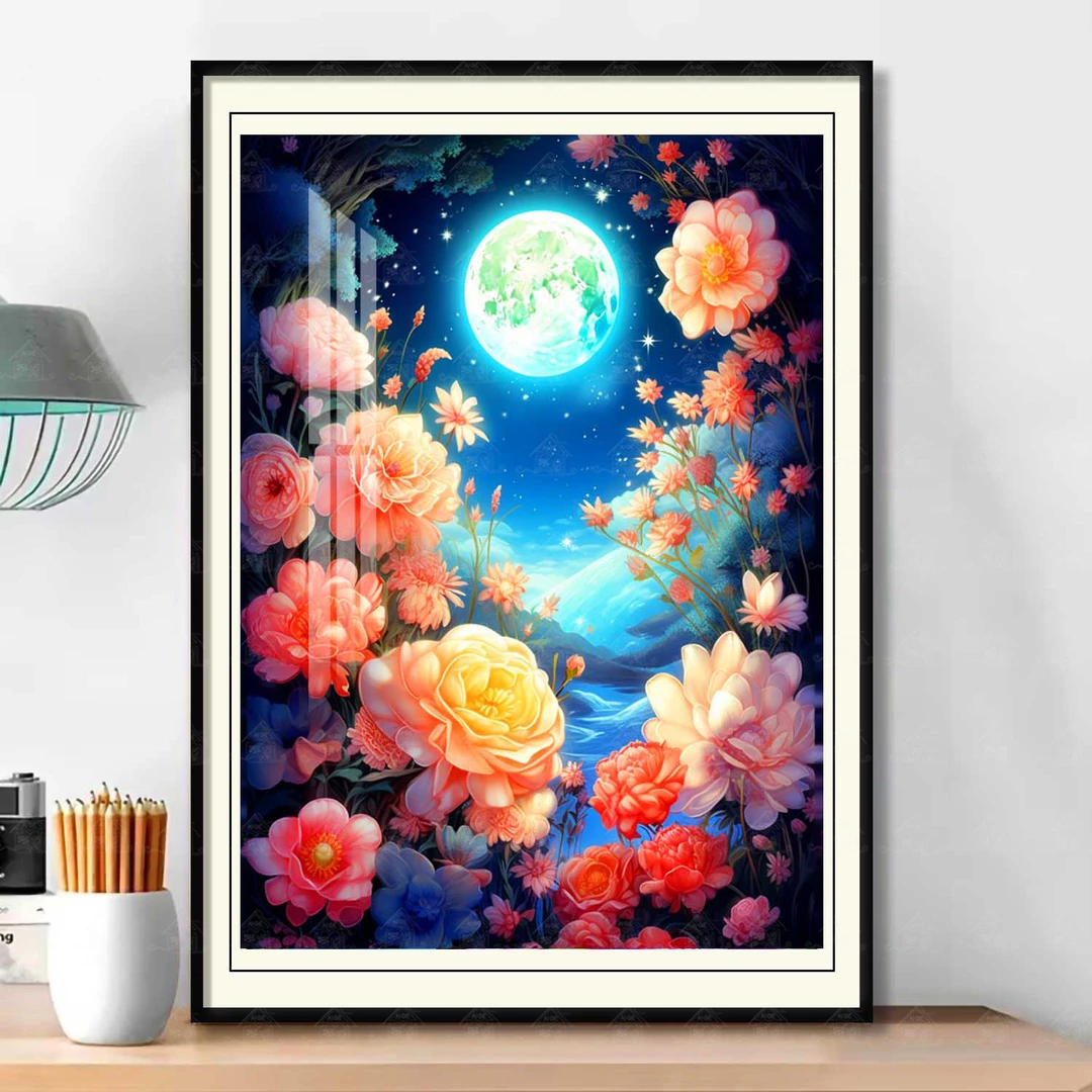 爱阁十字绣 花好月圆 新款简约唯美花卉客厅玄关小件手工刺绣装饰