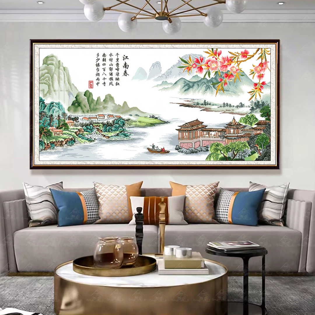 爱阁十字绣 江南春 2025新中式风景装饰画大幅客厅书房手工绣线