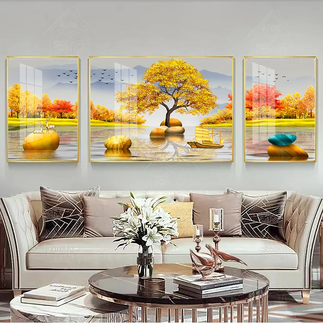 爱阁十字绣 石来运转一帆风顺 三联画 简约客厅玄关风景画手工绣