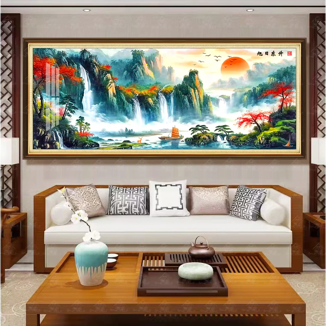 爱阁十字绣旭日东升鸿运当头升级版新中式风景山水画装饰手工线绣