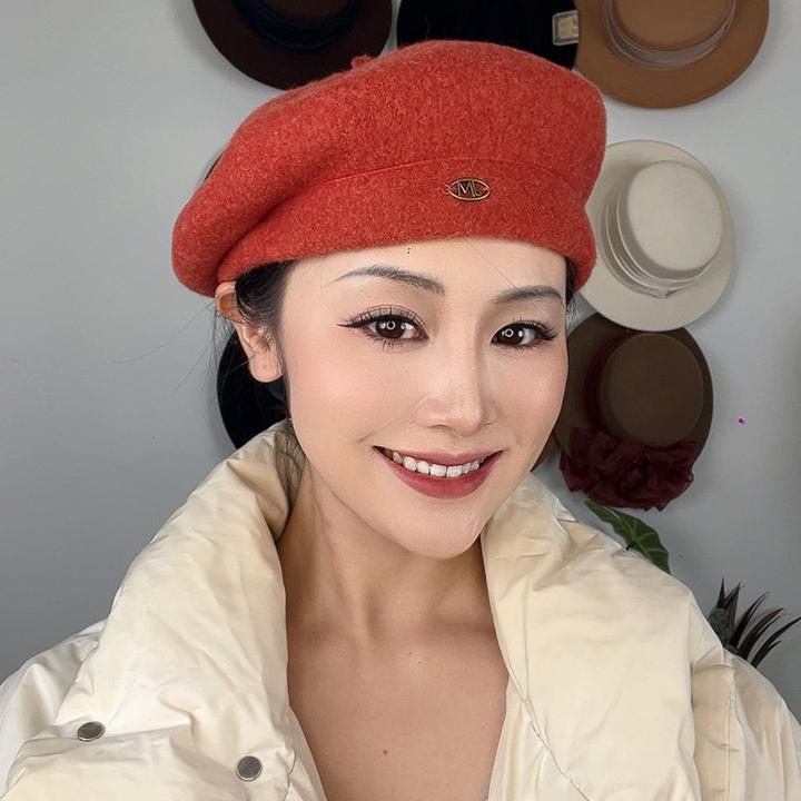 糖果色羊毛呢贝雷帽压褶皱厚款冬帽韩剧女主百搭休闲帽