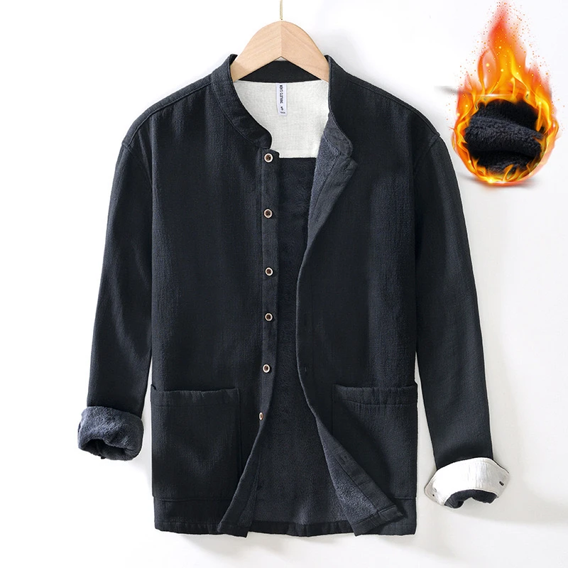 加绒外套男冬季新款中式领加厚棉麻衬衫宽松休闲复古国风上衣