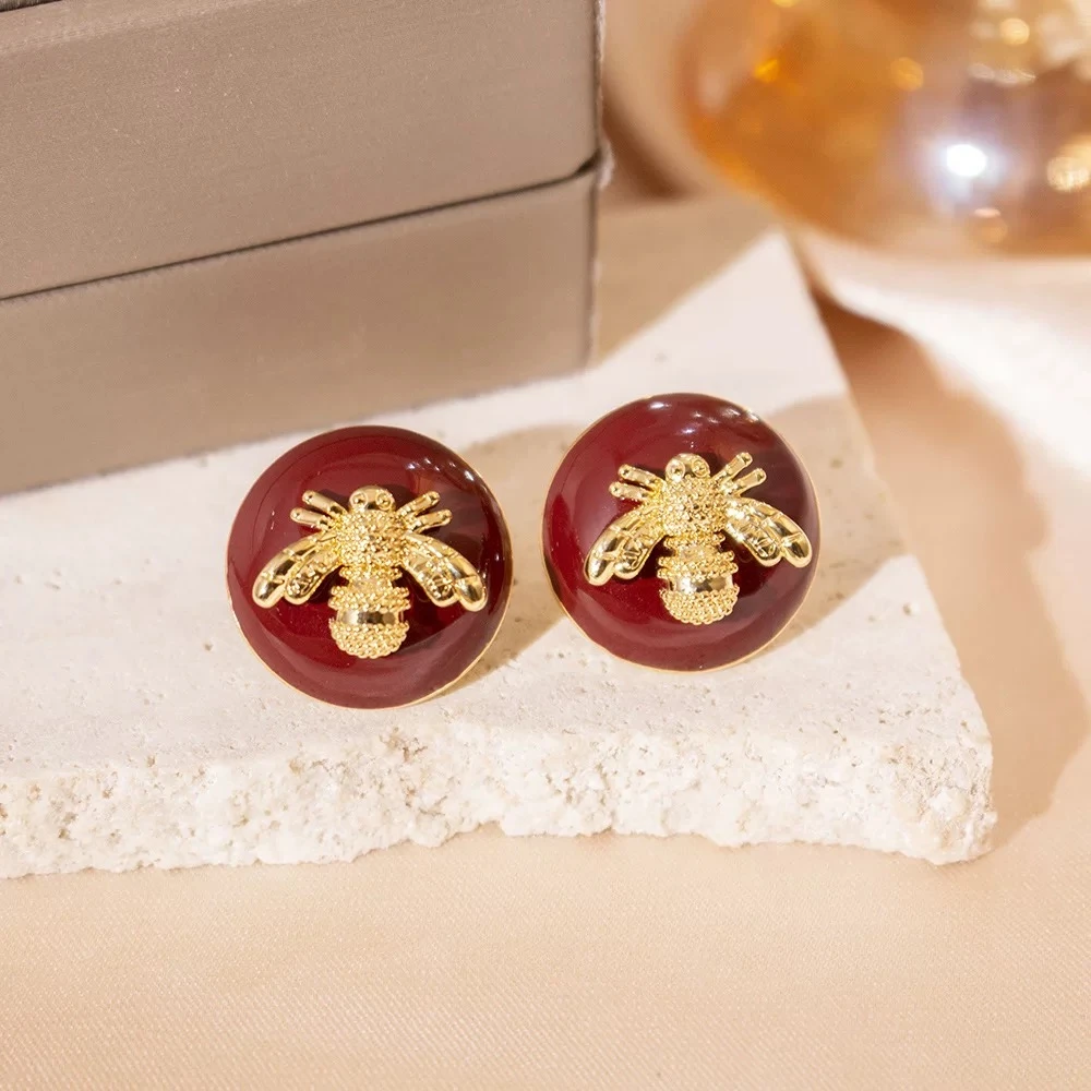 铜合金耳饰 《蜜蜂》气质轻奢时尚百搭复古红色镶嵌素款百搭