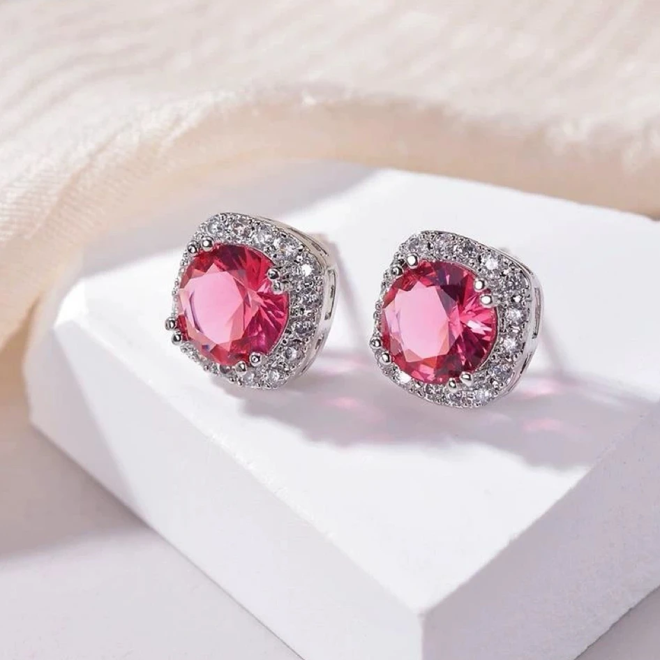 铜合金锆石耳饰 耳钉气质轻奢时尚百搭复古红色小众镶嵌 157