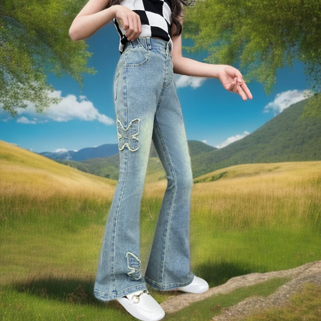 儿童牛仔裤春秋显瘦女童直筒开叉阔腿宽松破洞时尚薄款韩版微喇叭