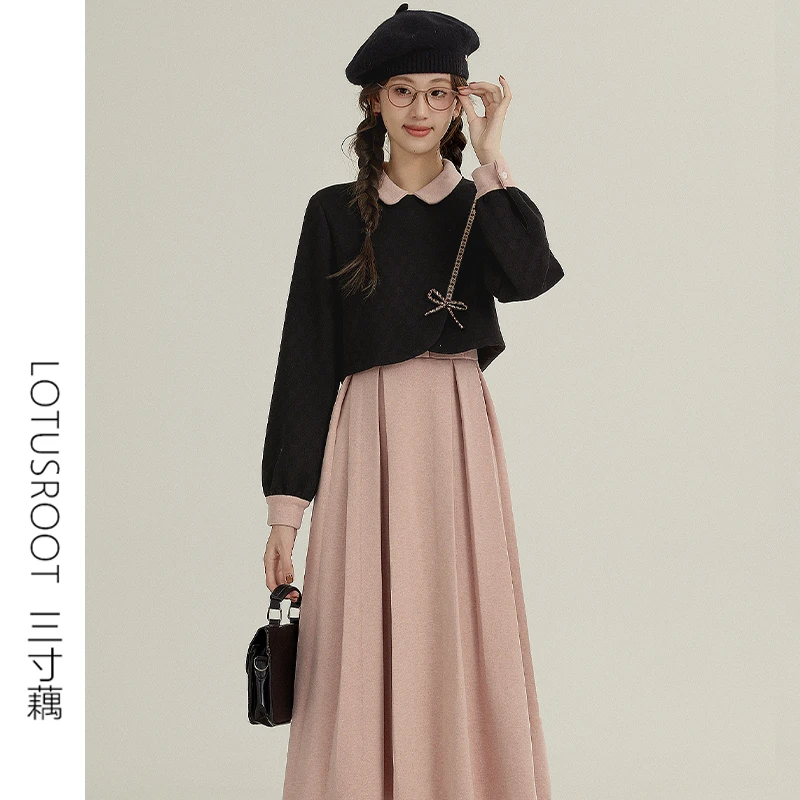 三寸藕【粉墨绘本】文艺甜美粉黑拼接两件套连衣裙秋冬款显瘦裙子