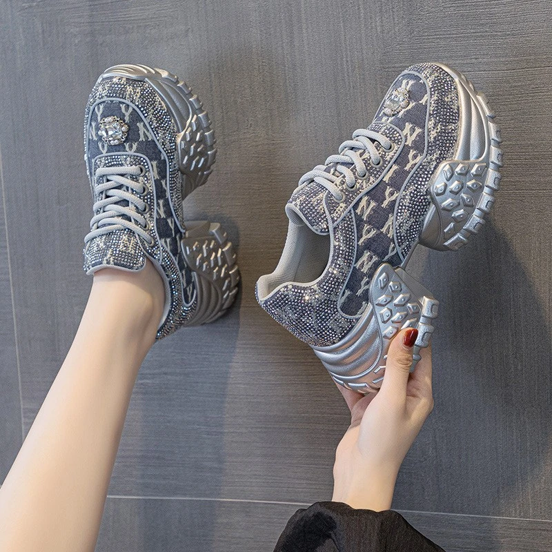 2025秋季韩版新款松糕厚底增高网红水钻老爹鞋女休闲系带运动女鞋