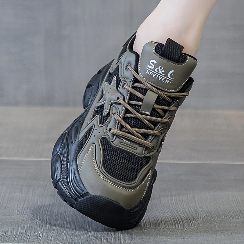 2025秋季新款松糕厚底内增高黑色透气老爹鞋女真皮休闲灰色运动鞋