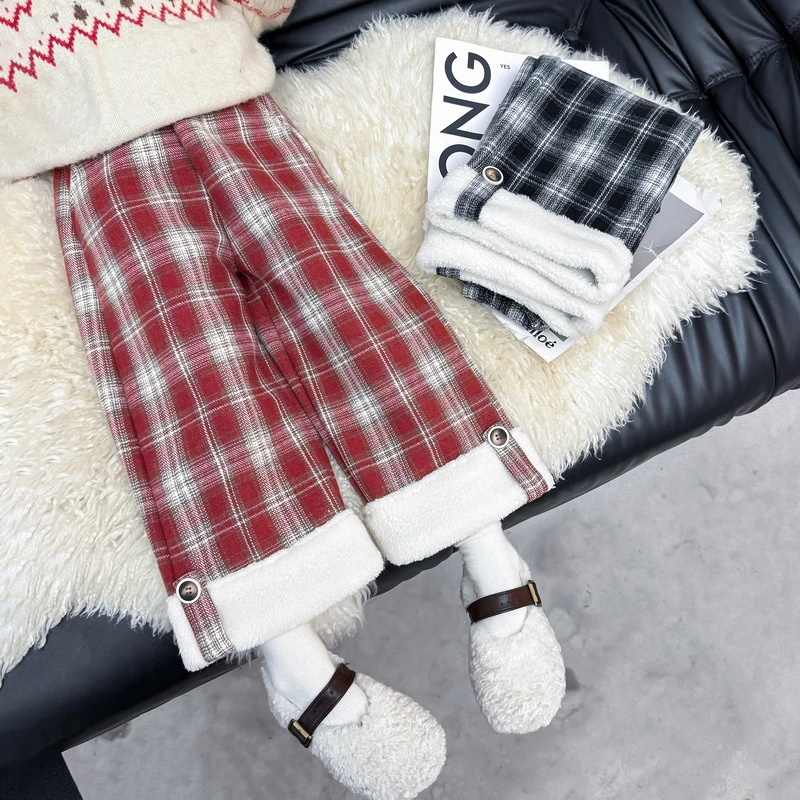 女童加绒裤子2024新款儿童时尚休闲裤中小童洋气格子宽松阔腿长裤