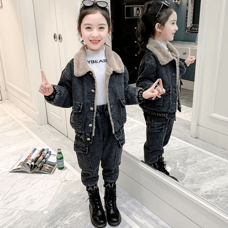女童加绒牛仔套装冬季2023新款小女孩洋气冬装儿童外套两件套加厚